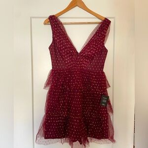 Lulus Burgundy Tulle Dress with Gold Accents - Brand New